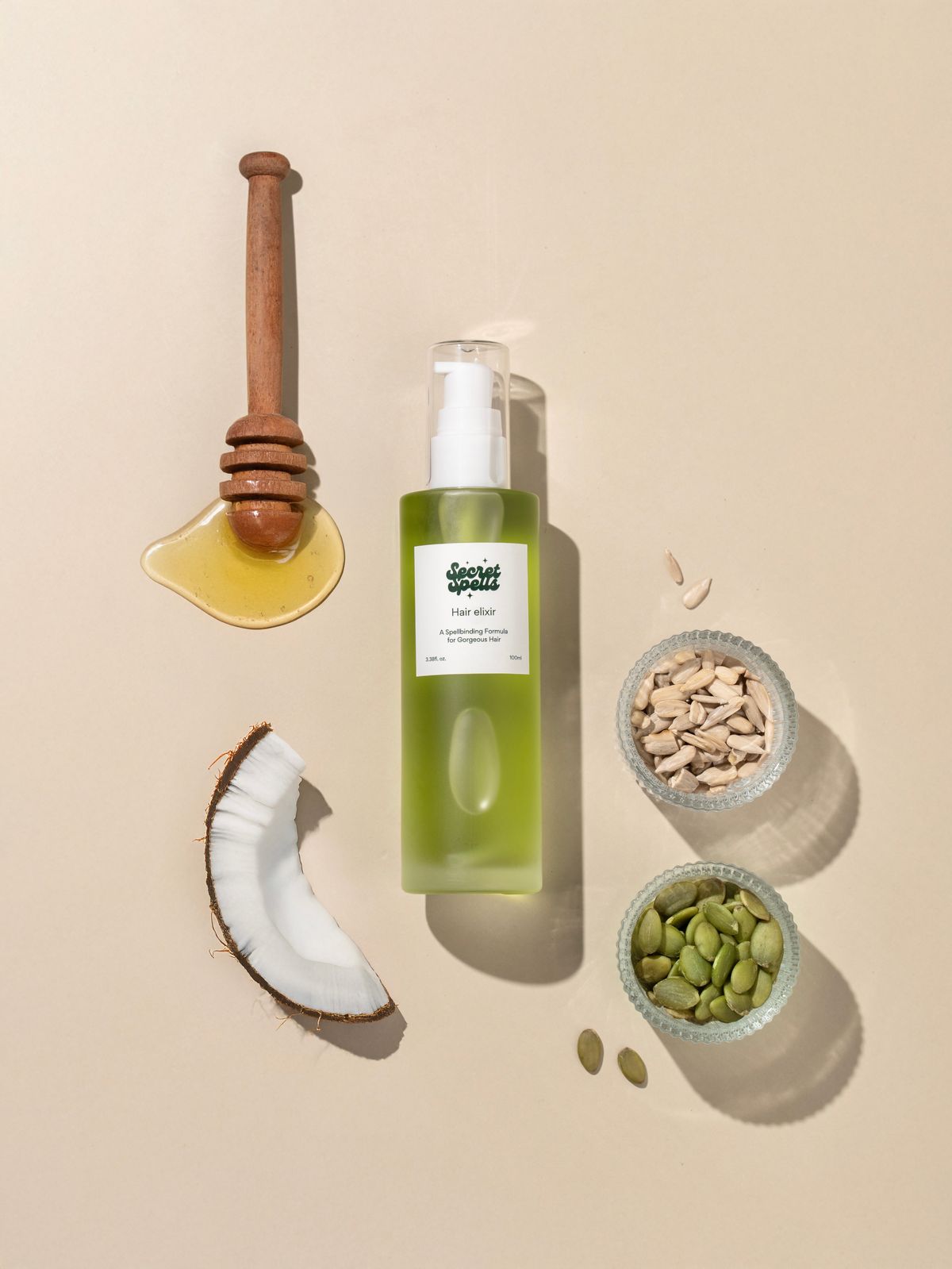 DIY coconut oil hair mask ingredients laid out on a table